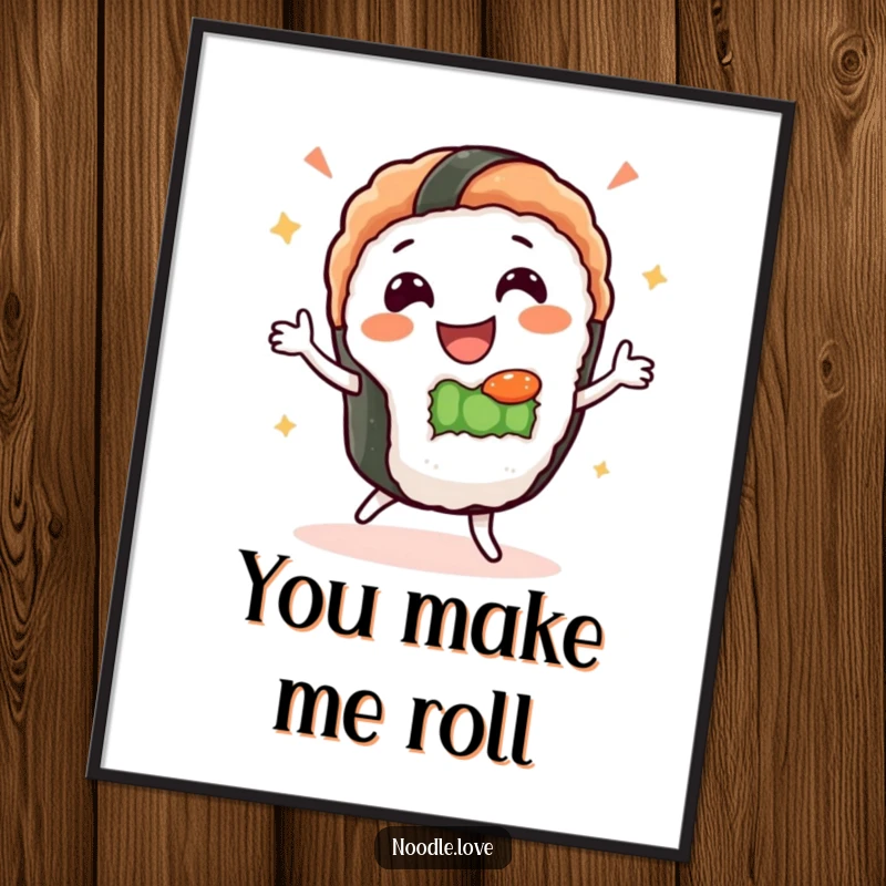 Funny Free Printable Sushi Wall Art: A gleeful sushi character with a happy face performs a silly dance, adding humor.