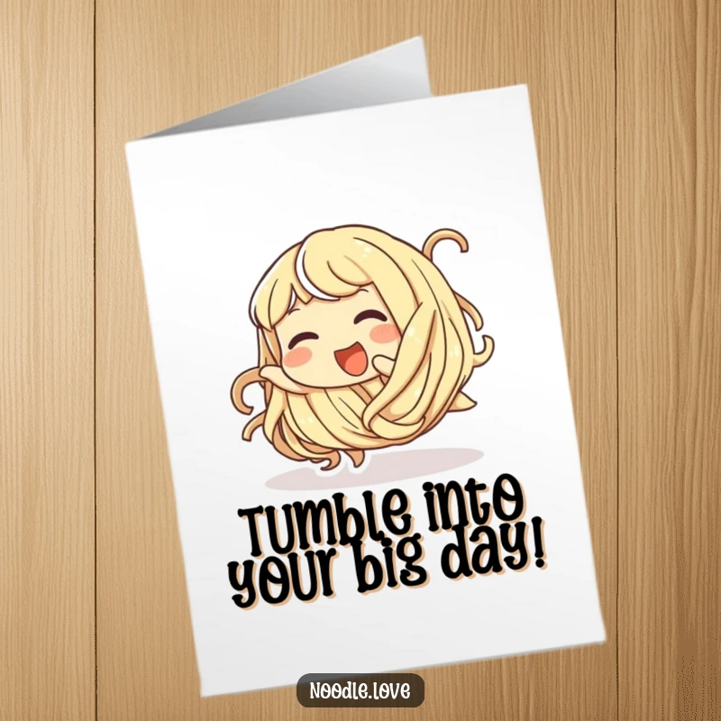 Funny Free Printable Birthday Card: Giggling noodle character tumbling playfully, a cute downloadable greeting for birthday fun.