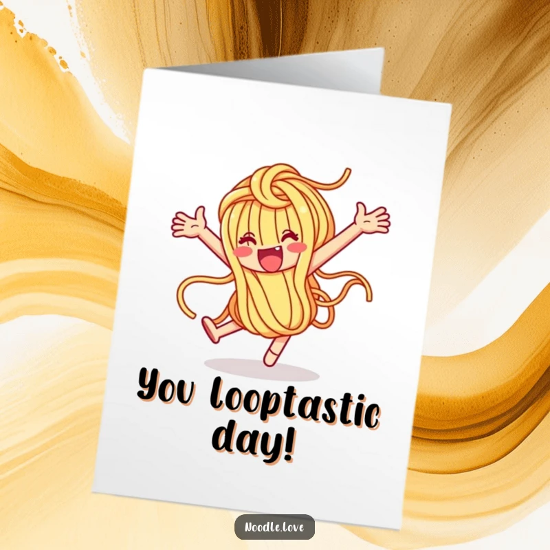 Funny Free Printable Birthday Card: Noodle character doing a vigorous loop-de-loop with pure happiness. A delightful DIY gift.