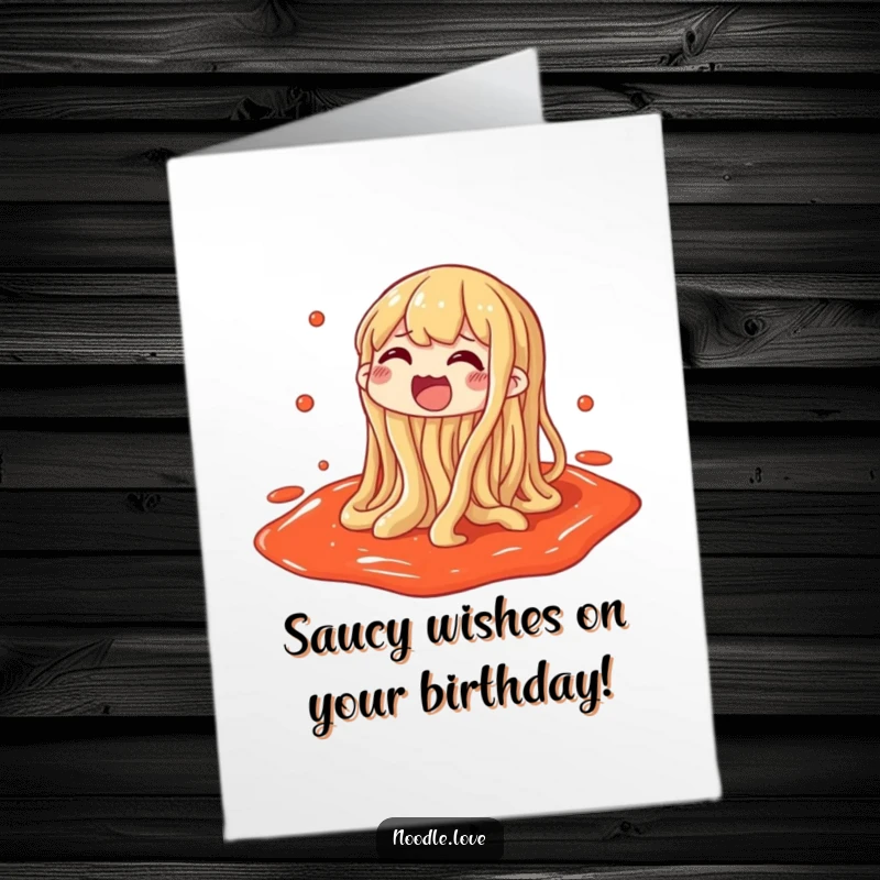 Funny Free Printable Birthday Card: Noodle character gleefully splashing in a puddle of sauce, a messy downloadable greeting.