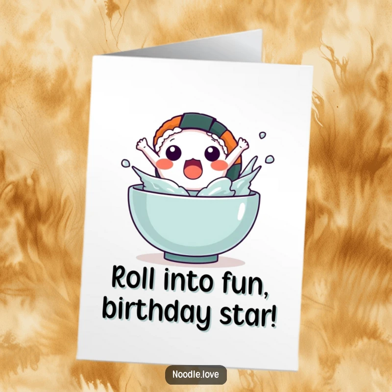 Funny Free Printable Birthday Card: A shocked Kawaii sushi character leaping out of a bowl with a big splash, looking surprised.