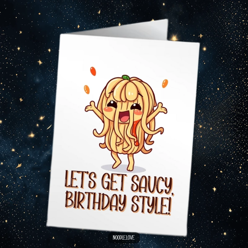 Funny Free Printable Birthday Card: A noodle character does a silly dance with artistic sauce drizzles.