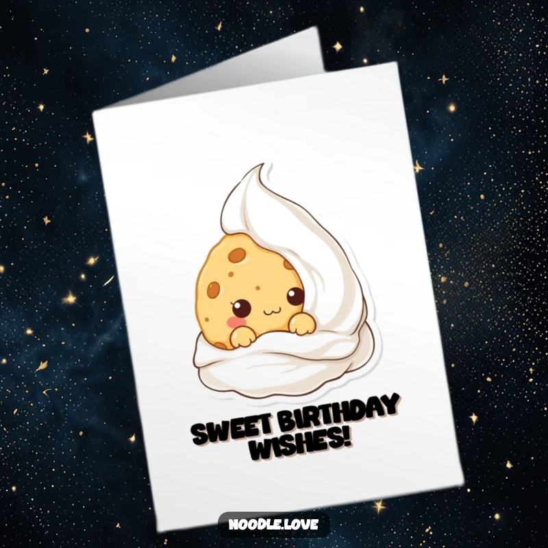 Funny Free Printable Birthday Card: Mischievous Kawaii cookie hiding behind cream, playful and sweet.',