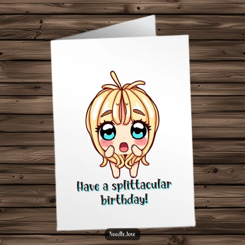 Funny Free Printable Birthday Card: Surprised noodle character splitting in half down the middle, wide eyes conveying shock