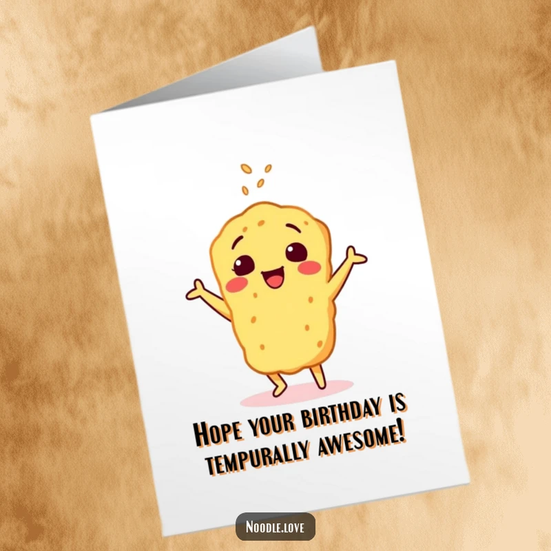 Funny Free Printable Birthday Card: Cheerful tempura character doing a happy dance with sesame seeds, celebrating a birthday.