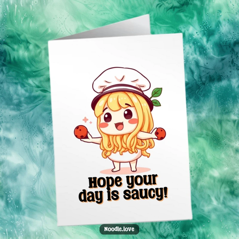 Funny Free Printable Birthday Card: Noodle chef in a tiny hat, juggling meatballs with skill. A foodie's DIY dream.