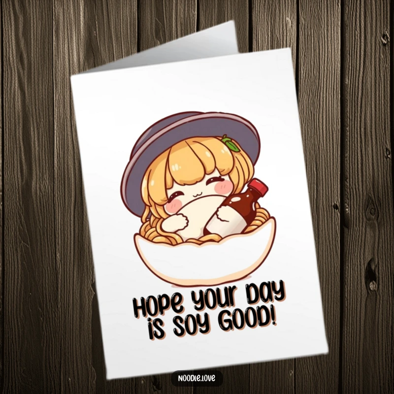 Funny Free Printable Birthday Card: A content noodle character snuggles happily with a tiny soy sauce bottle as a pillow.
