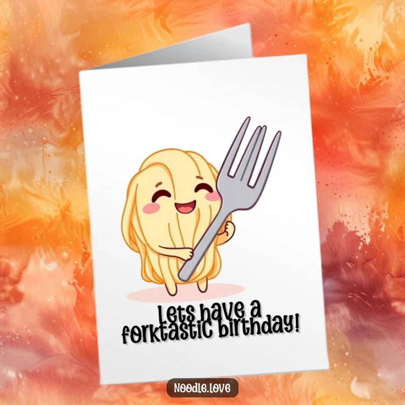 Funny Free Printable Birthday Card: Noodle character playfully teases a giant fork with a wide grin, anticipating birthday fun, a unique printable gift.