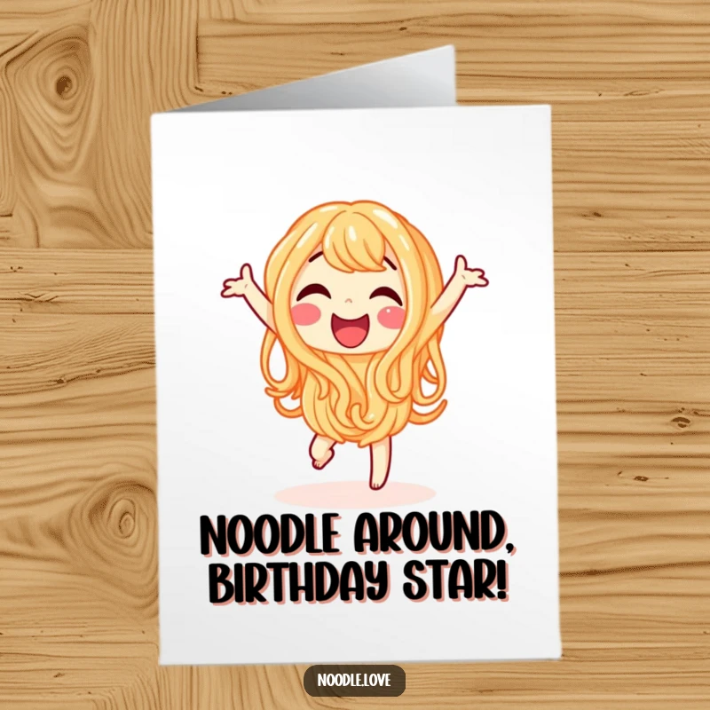 Funny Free Printable Birthday Card: Happy noodle character doing a cheerful dance, a vibrant downloadable greeting for joyous celebrations.