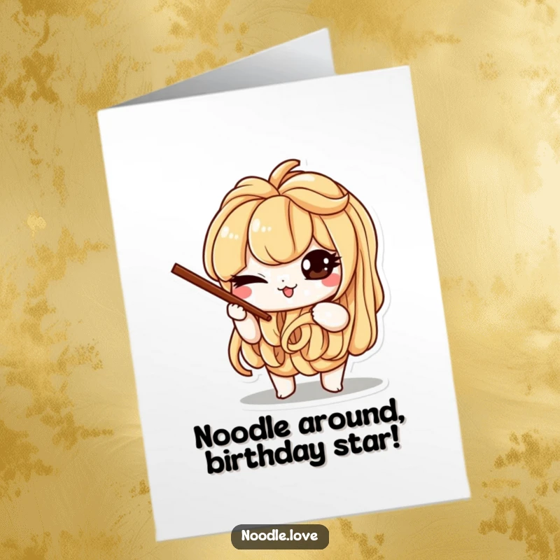 Funny Free Printable Birthday Card: A mischievous noodle character winks with a tiny pair of chopsticks balanced perfectly, offering a fun greeting.