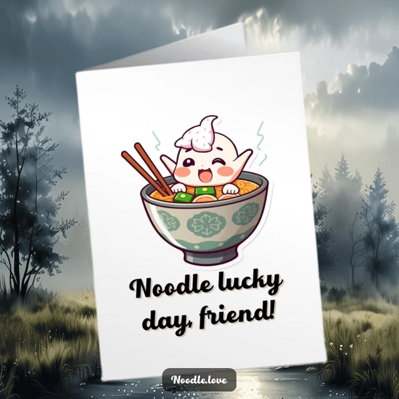 Funny Free Printable Birthday Card: Giggling ramen bowl character leaping joyfully from steaming broth, ready to celebrate. A hilarious downloadable greeting.