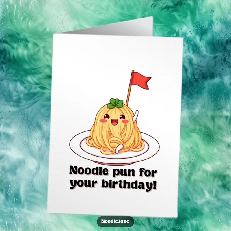 Funny Free Printable Birthday Card: A happy noodle on a plate beaming and waving a tiny flag, celebrating your birthday.