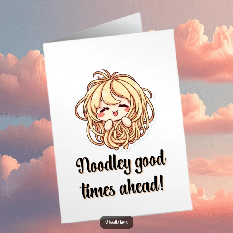 Funny Free Printable Birthday Card featuring a giggling noodle character hilariously tangled in its own yummy strands.