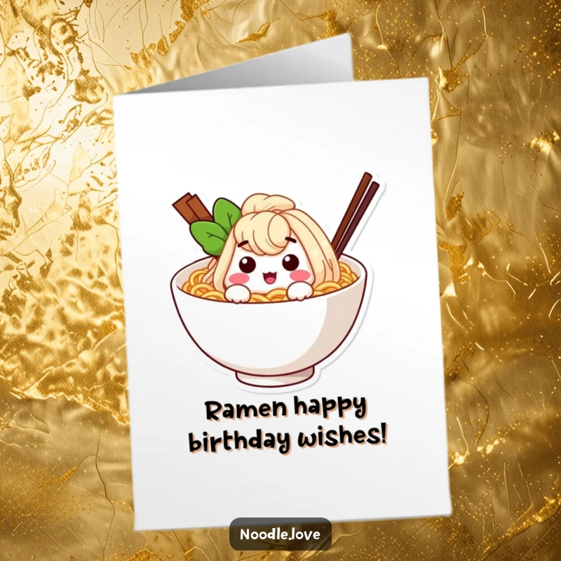 Funny Free Printable Birthday Card: Happy ramen noodle character winking from inside a cozy bowl.