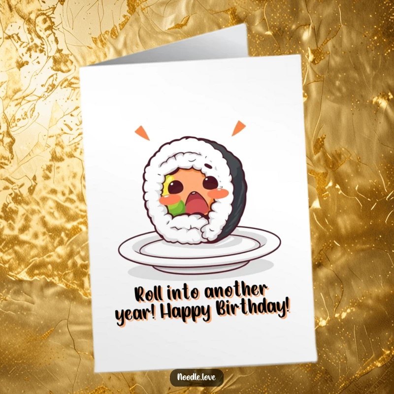 Funny Free Printable Birthday Card: A surprised sushi roll character yelps while accidentally rolling off a plate.