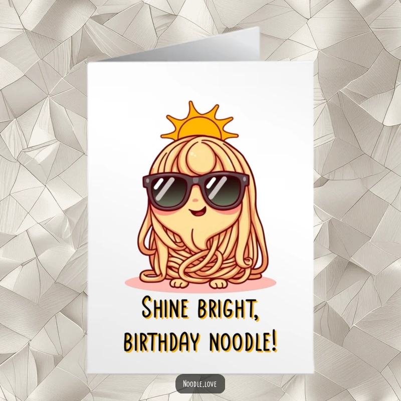 Free Printable Birthday Card: Happy noodle character wearing tiny, stylish sunglasses on a bright, sunny day.