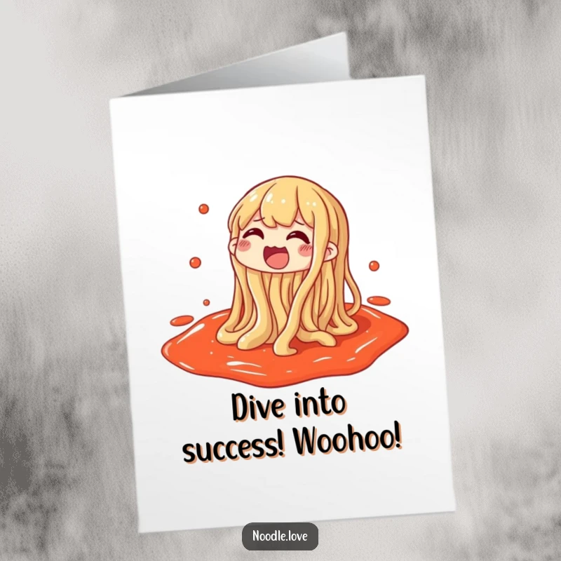 Funny Free Printable Congratulations Card: Noodle happily splashing in sauce, a playful downloadable greeting for celebrating wins.