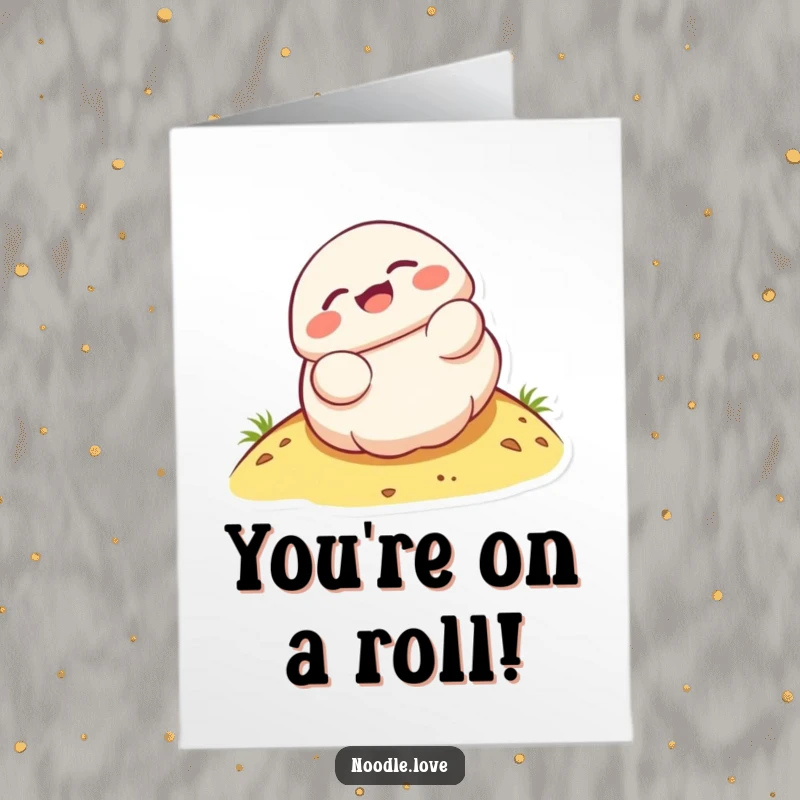 Funny Free Printable Congratulations Card: A giggling Kawaii dumpling character rolling down a hill, radiating pure delight.