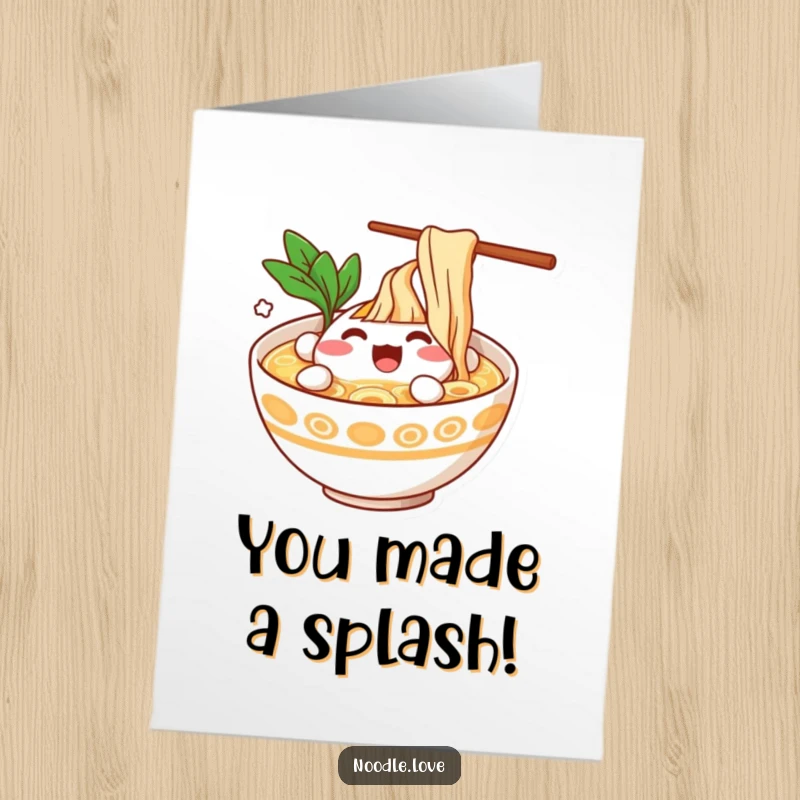 Funny Free Printable Congratulations Card: Ramen bowl character gleefully splashing in its broth. A fun downloadable art.