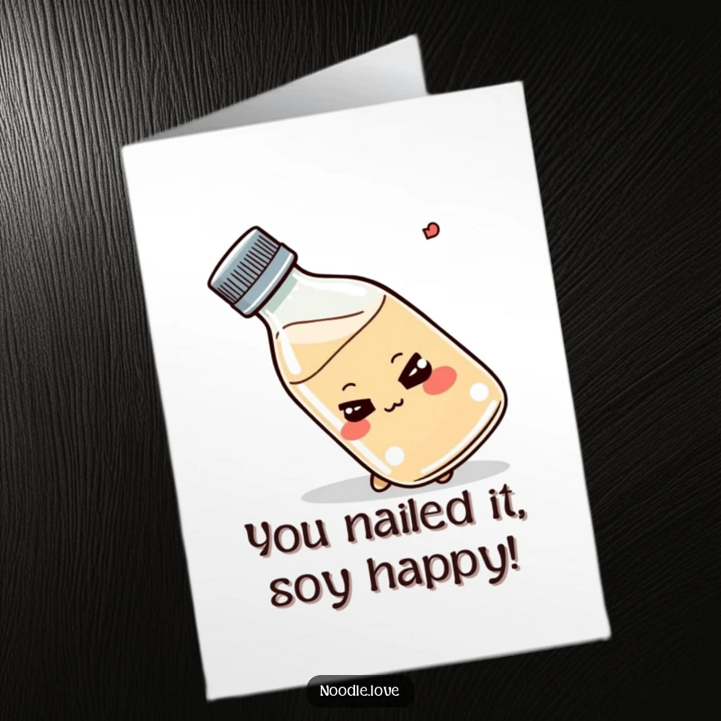 Funny Free Printable Congratulations Card: A smirking shoyu bottle character tips, celebrating success with a playful glint.