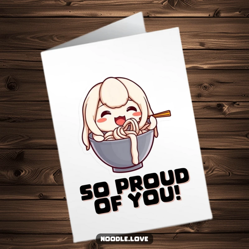Hilarious Free Printable Congratulations Card featuring an udon noodle character happily indulging in a self-slurp.