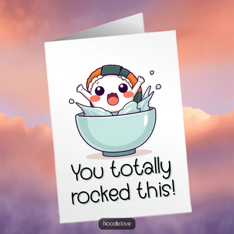 Funny Free Printable Congratulations Card: A surprised Kawaii sushi character dramatically leaping from a bowl, creating a splash.