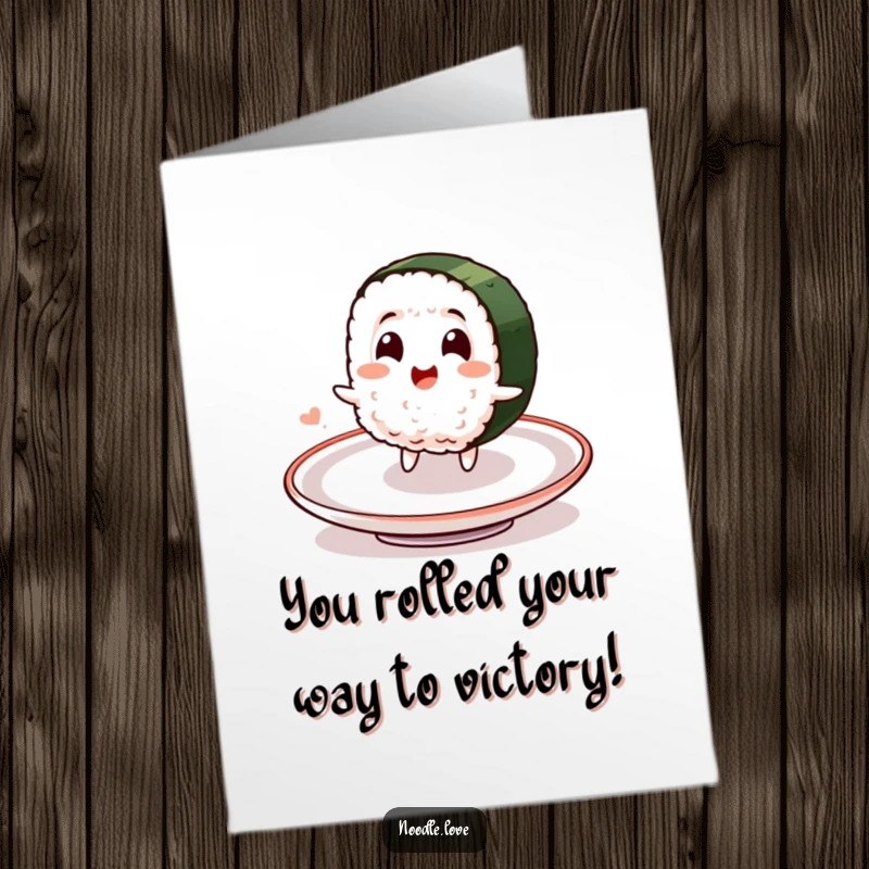 Funny Free Printable Congratulations Card: Smiling sushi character spinning with delight on a plate, celebrating a success.