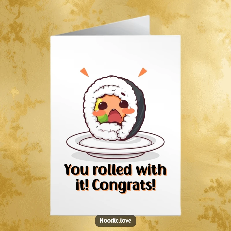 Funny Free Printable Congratulations Card: A surprised sushi roll character tumbles off a plate with a yelp.