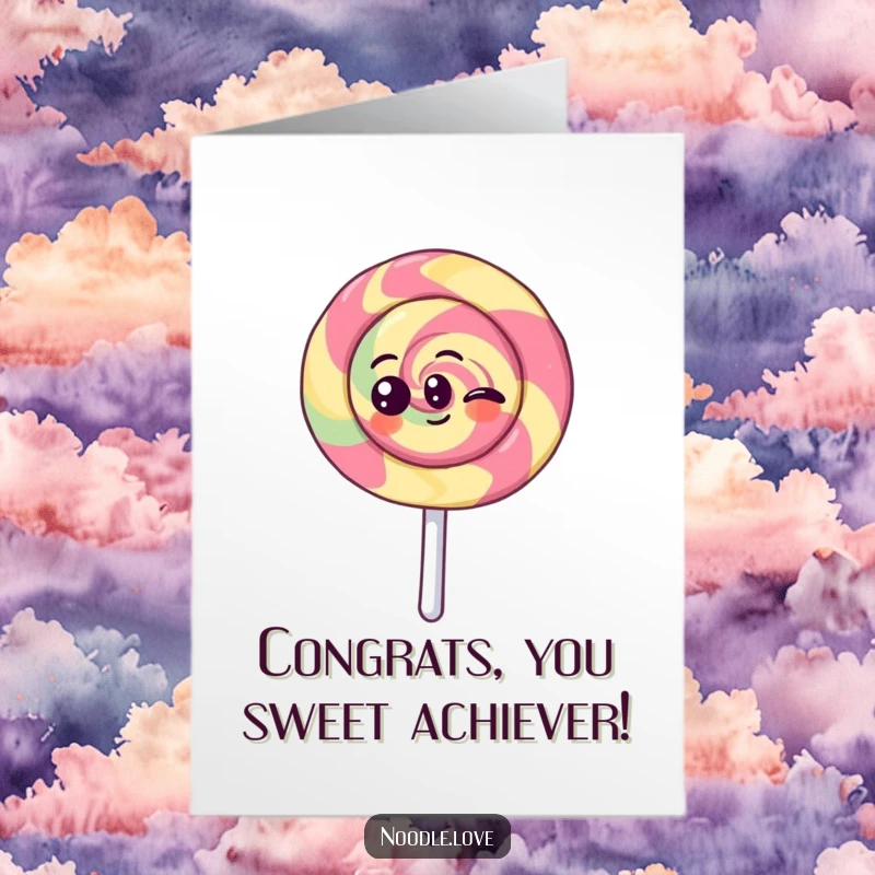Funny Free Printable Congrats Card: A joyful Kawaii lollipop character spinning with glee, celebrating wonderful news with sugary enthusiasm.