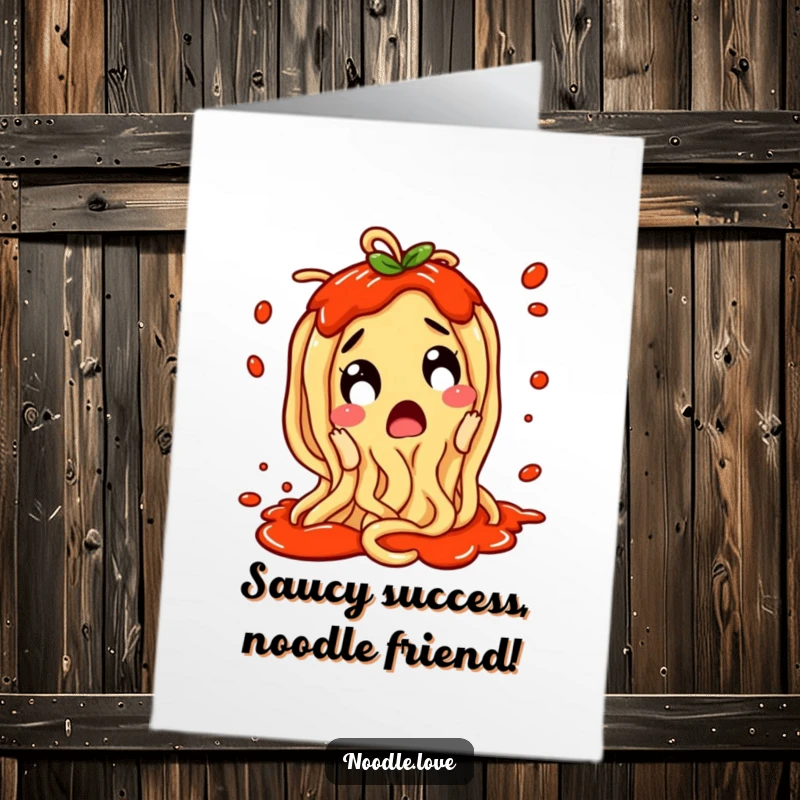 Funny Free Printable Congratulations Card: A noodle character, sauce splattering, wiggling excitedly to share good news.