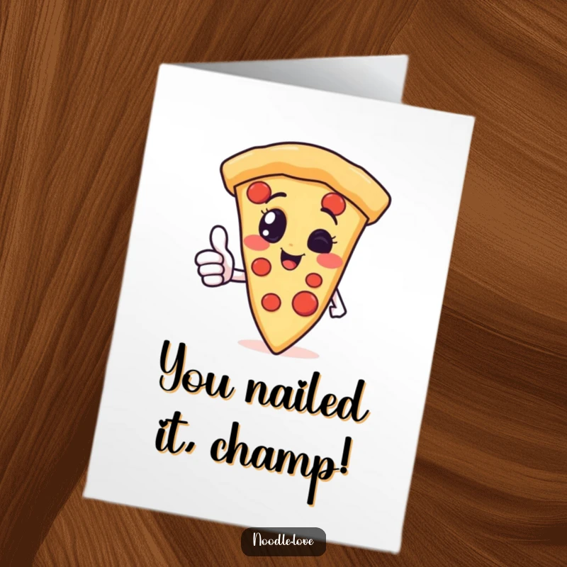 Funny Free Printable Pizza Slice Congratulations Card, giving a proud thumbs up, celebrating your fantastic success.