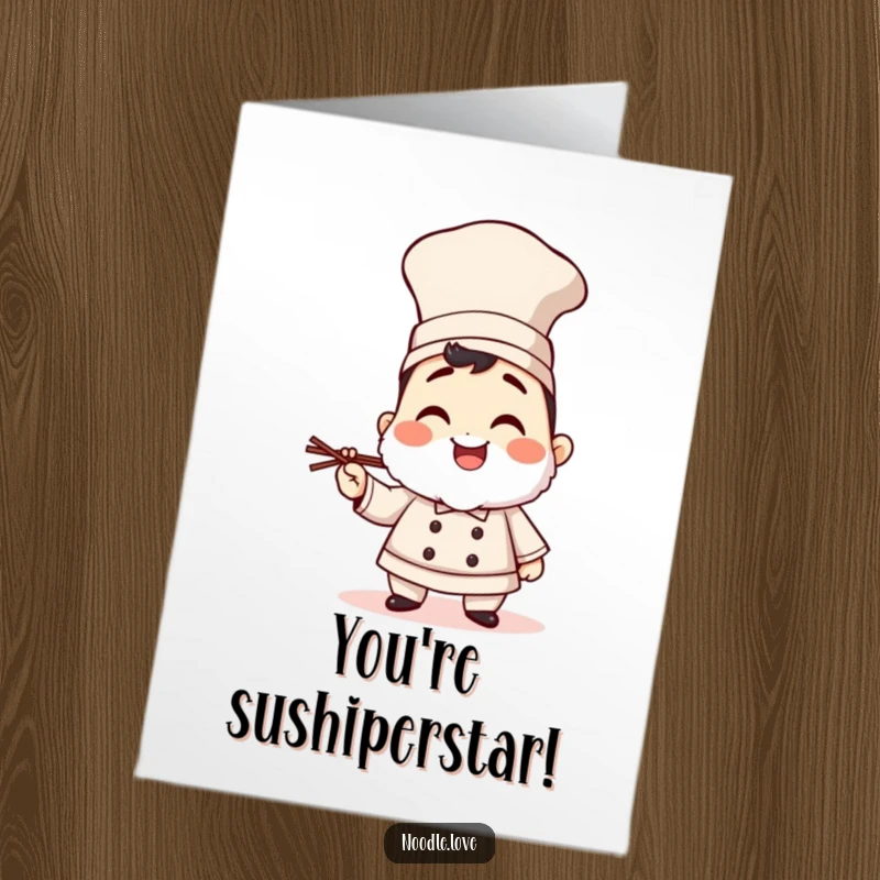 Funny Free Printable Sushi Chef Congratulations Card, giggling in a tall hat holding chopsticks, celebrating your big win.