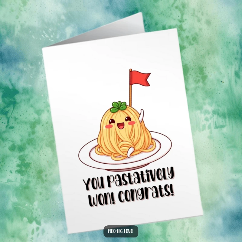 Funny Free Printable Congrats Card: A joyful noodle on a plate beaming and waving a tiny flag, celebrating your success.