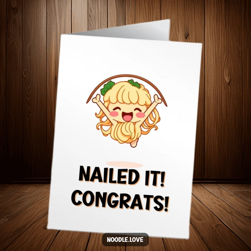 Funny Free Printable Congratulations Card: A jubilant noodle character jumps through a hoop made of chopsticks.