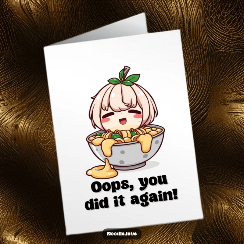 Funny free printable congratulations card showing a happy yet embarrassed ramen bowl spilling its contents, celebrating success.