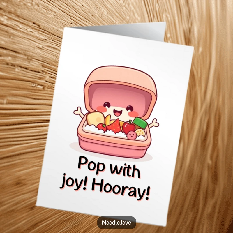 Funny Free Printable Congratulations Card: A cheerful bento box character opening with a pop, showing smiling food inside. A joyous, downloadable celebration.