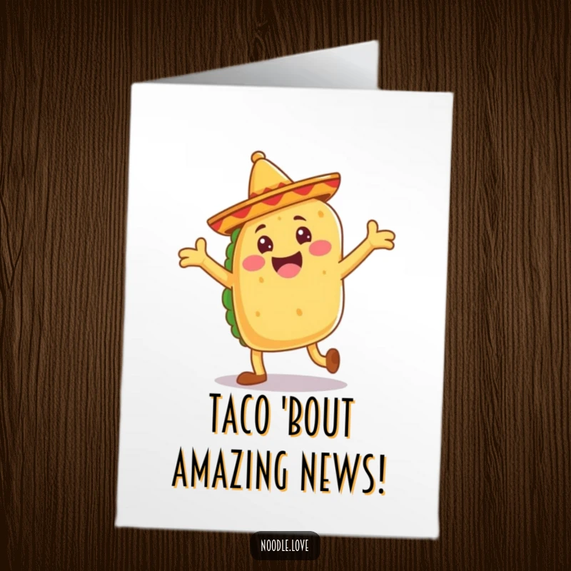Funny Free Printable Congrats Card: Jubilant taco with floppy sombrero legs dancing joyfully, celebration.