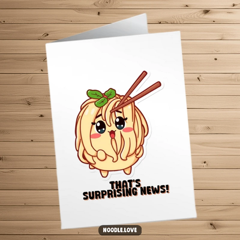 Funny Free Printable Congratulations Card: Noodle character looking shocked as a chopstick tickles it. A humorous downloadable art.