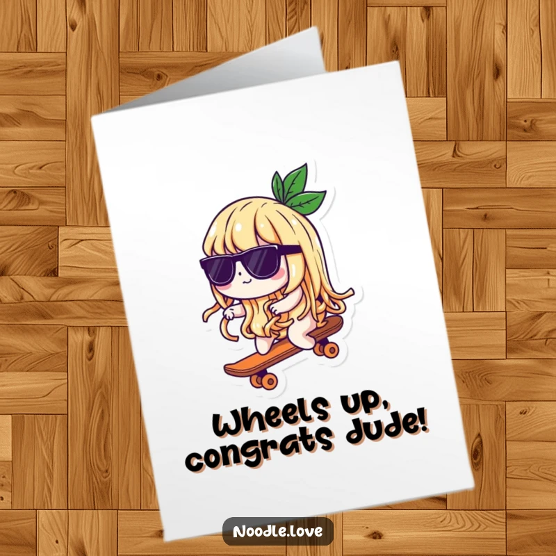 Funny Free Printable Congrats Card: Playful noodle in sunglasses cruises on a mini skateboard, perfect for celebrating any cool accomplishment.
