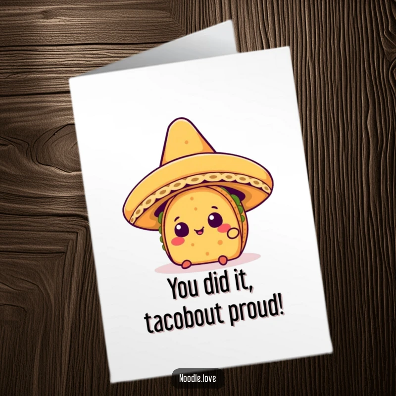 Funny Free Printable Congratulations Card: A curious Kawaii taco character peeking from under a giant sombrero, celebrating success.
