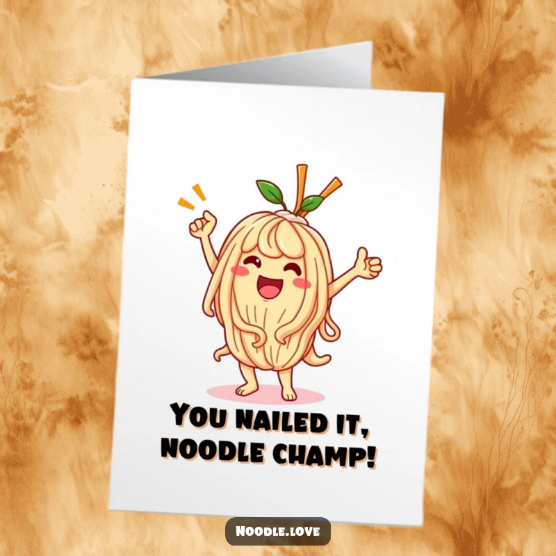Funny Free Printable Congratulations Card: Kawaii noodle character doing a wild, happy victory dance, celebrating an achievement.