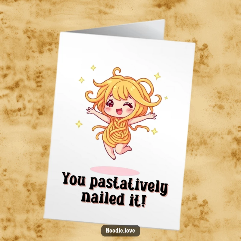 Funny Free Printable Congrats Card: A dancing noodle character twirling with abandon, emitting sparkles to celebrate achievements.