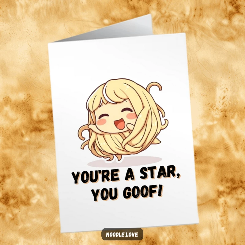 Funny Free Printable Congratulations Card: Giggling noodle character tumbling with joy, a whimsical downloadable greeting for celebrations.