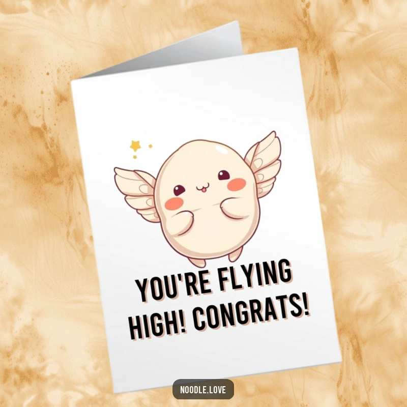 Funny Free Printable Congratulations Card: A whimsical dumpling character sprouts tiny wings and attempts to fly upwards.
