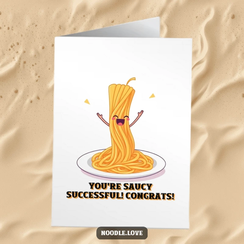 Funny Free Printable Congrats Card: A spaghetti strand leaping with pure joy off its plate, celebrating your success.
