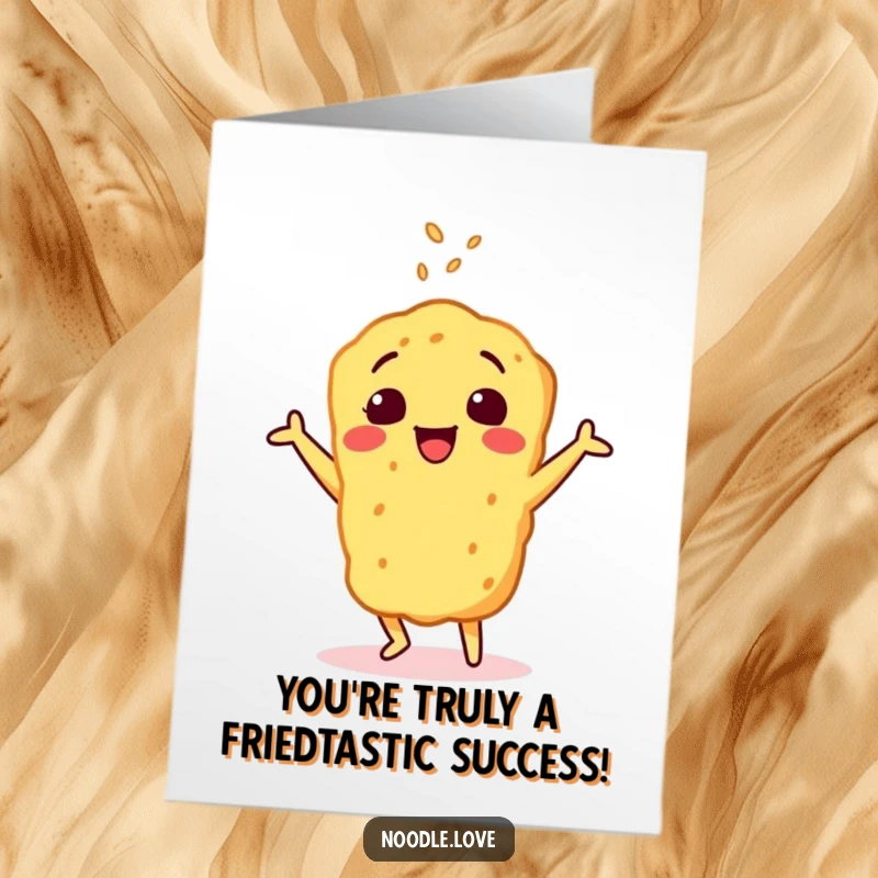 Funny Free Printable Congratulations Card: Cheerful tempura character dancing happily, sprinkled with sesame, celebrating a win.