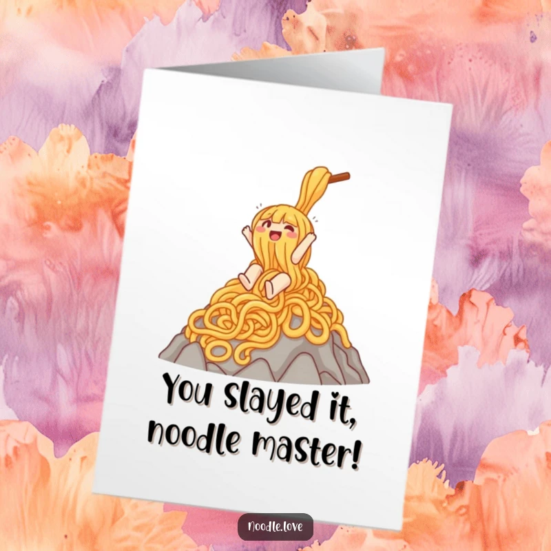 Funny free printable congratulations card of a noodle character gleefully sliding down a noodle mountain, celebrating their success.