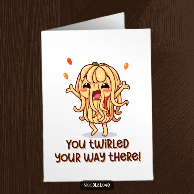 Funny Free Printable Congratulations Card: A noodle character performs a silly dance, adorned with artistic sauce drizzles.