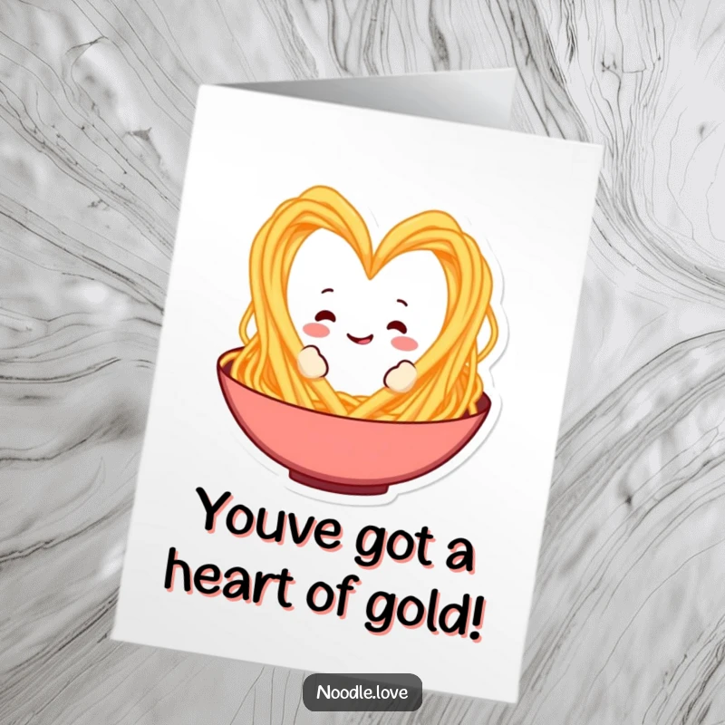 Funny free printable congratulations card: A playful spaghetti character forming a heart shape in a bowl, expressing love.