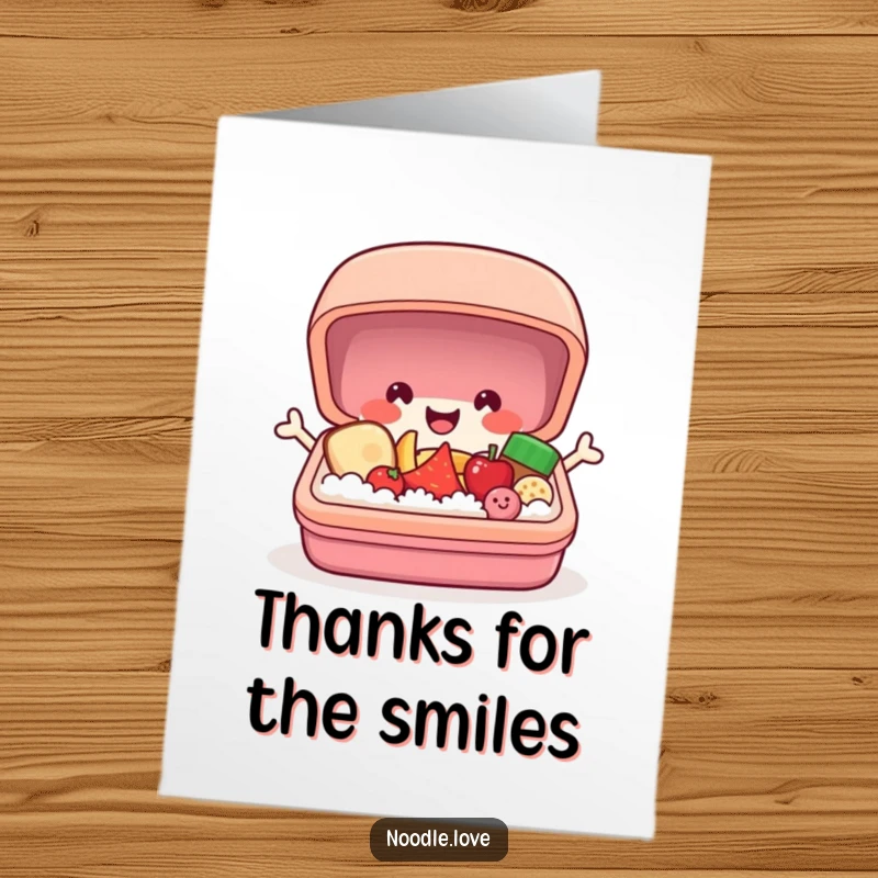 Funny Free Printable Thank You Card: A bento box character opening with a pop, revealing happy little food friends. A charming, downloadable thank you.
